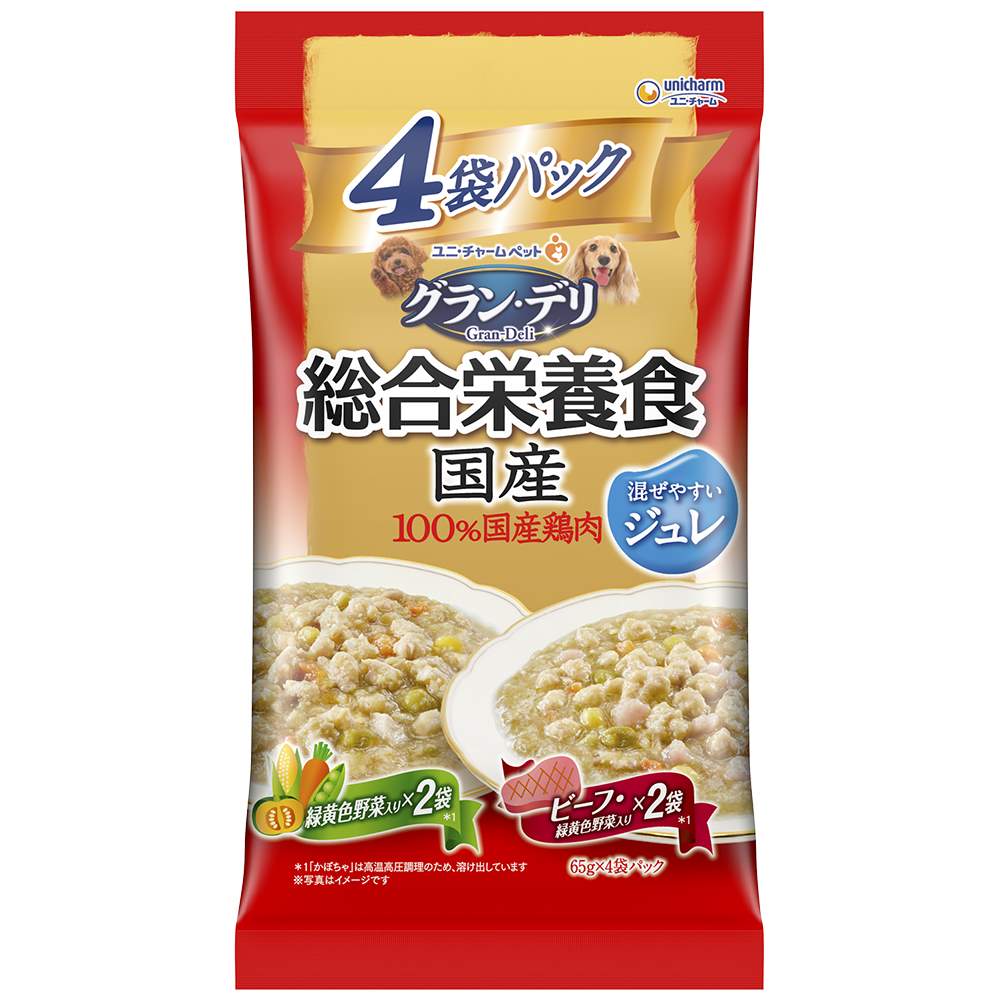 グラン･デリ 総合栄養食国産パウチジュレ成犬用緑黄色野菜入り･ビーフ入り 65g×4袋