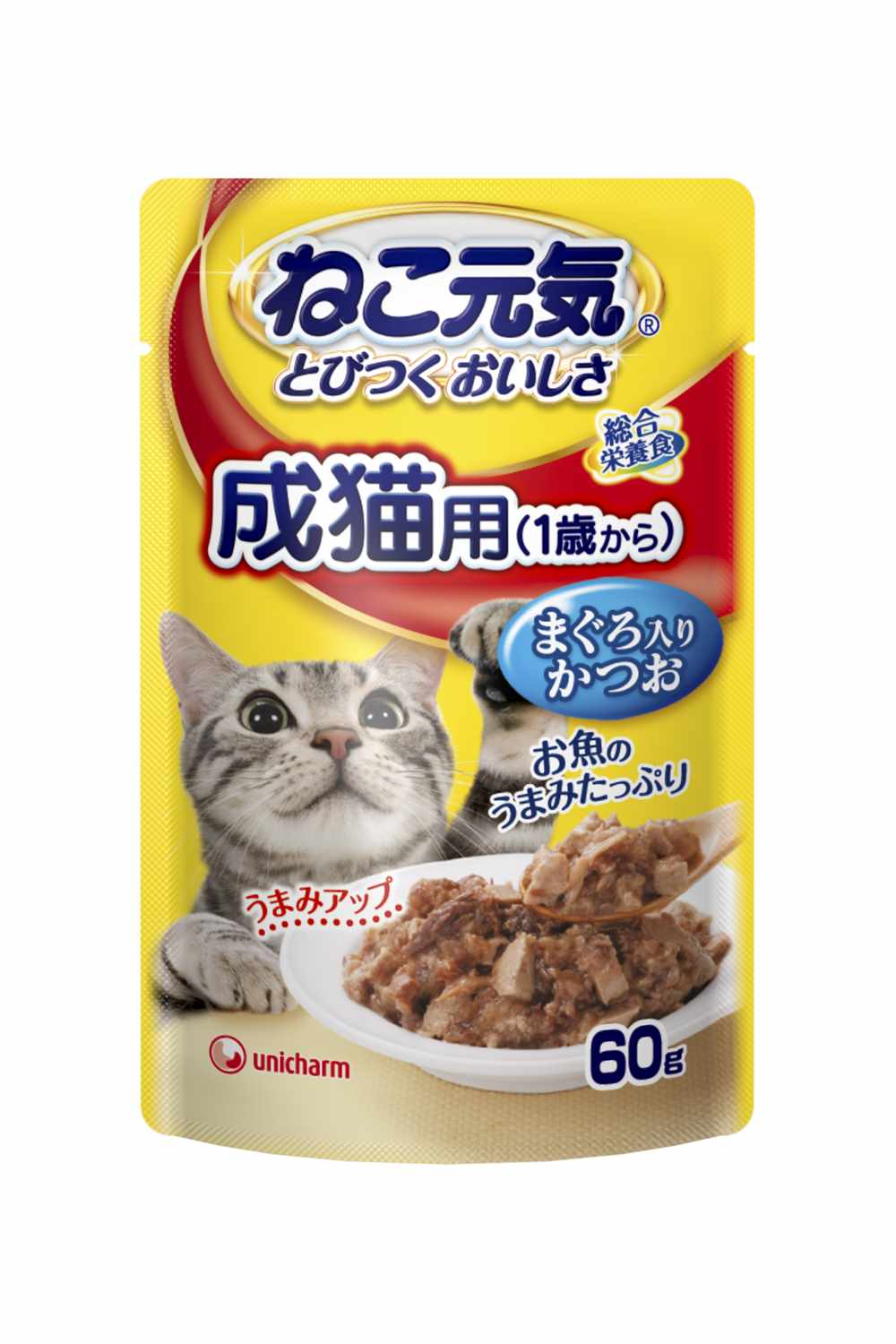ねこ元気 総合栄養食パウチ成猫用(1歳から)まぐろ入りかつお 60g