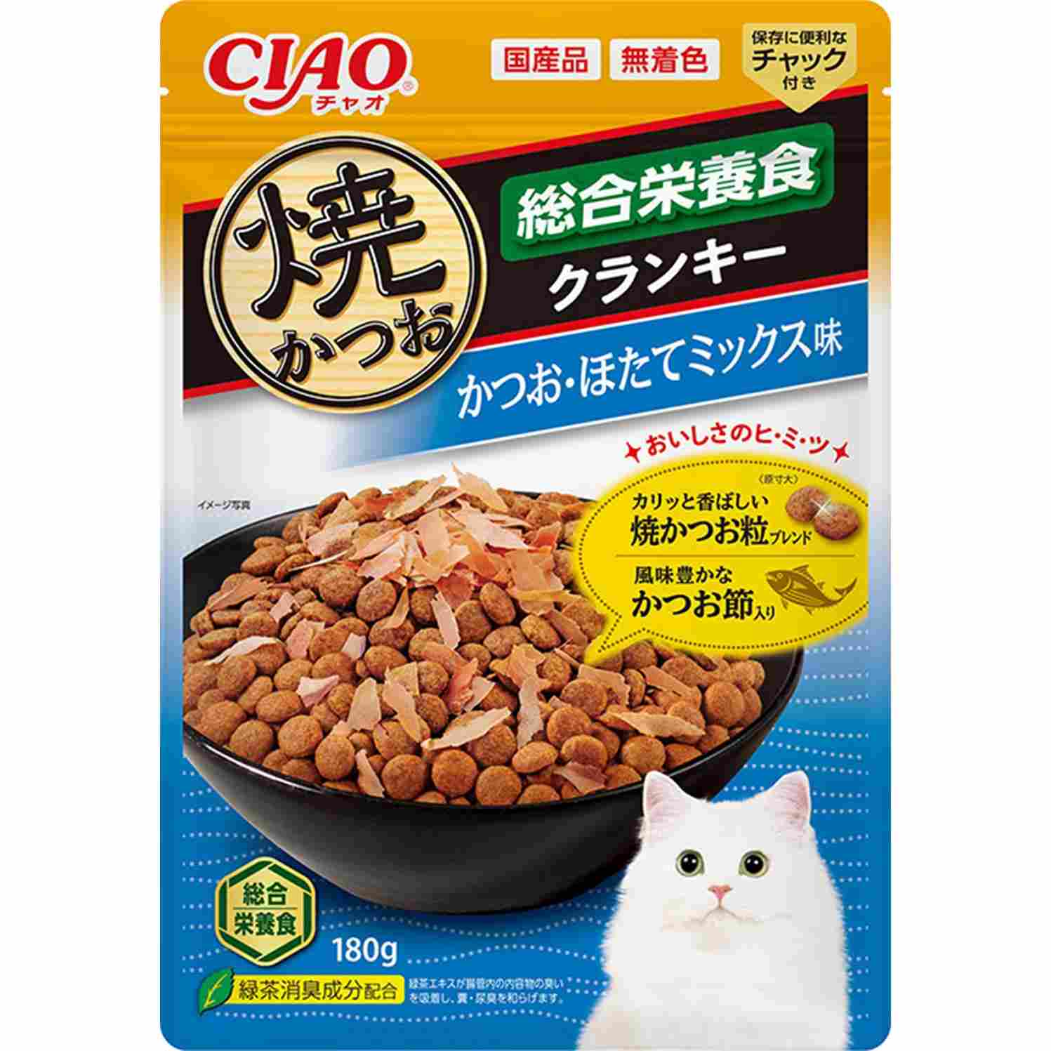【9月1日終売予定】CIAO　焼かつおクランキー CIAO　焼かつおクランキー　総合栄養食　かつお節入り　かつお・ほたてミックス味 180g