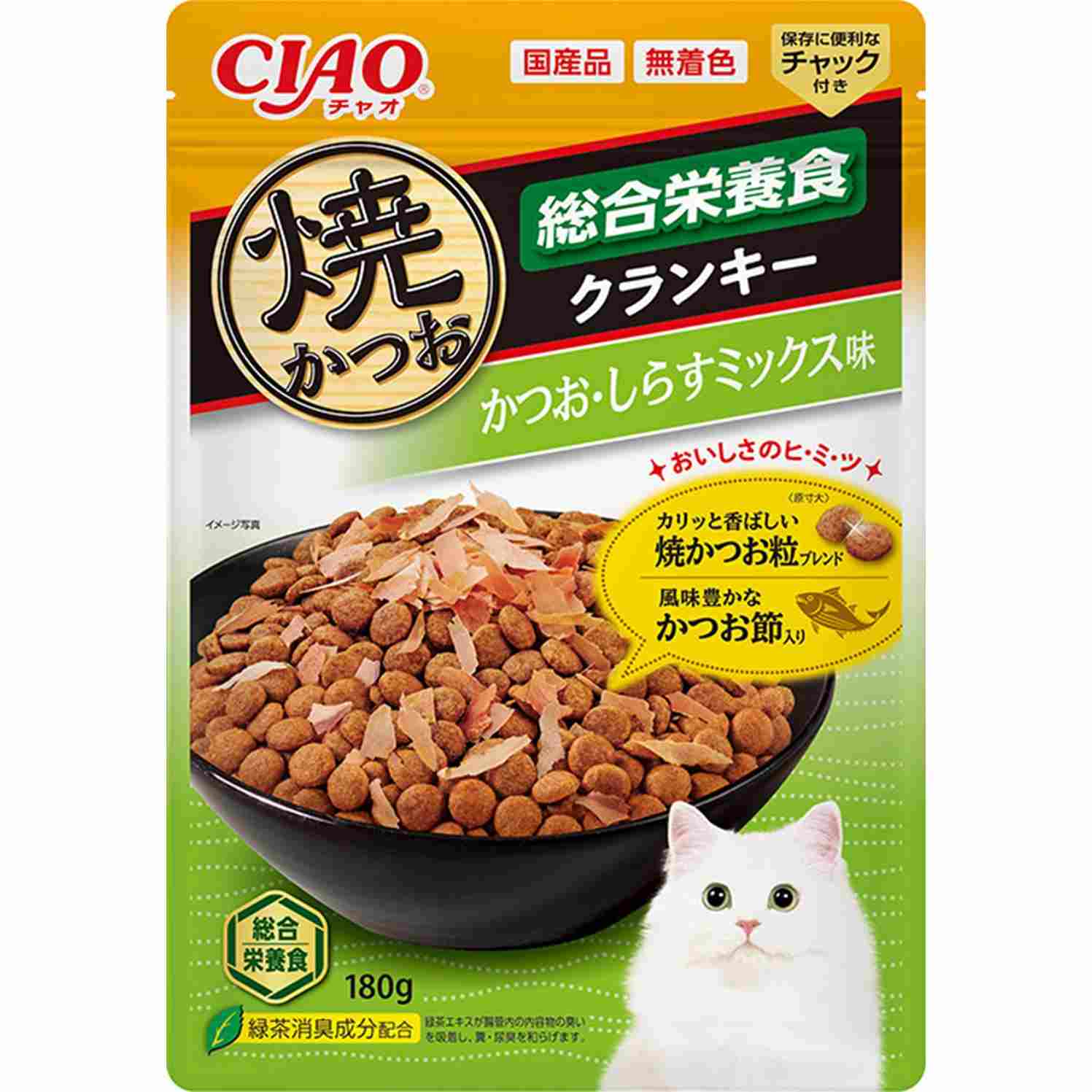 【9月1日終売予定】CIAO　焼かつおクランキー CIAO　焼かつおクランキー　総合栄養食　かつお節入り　かつお・しらすミックス味 180g