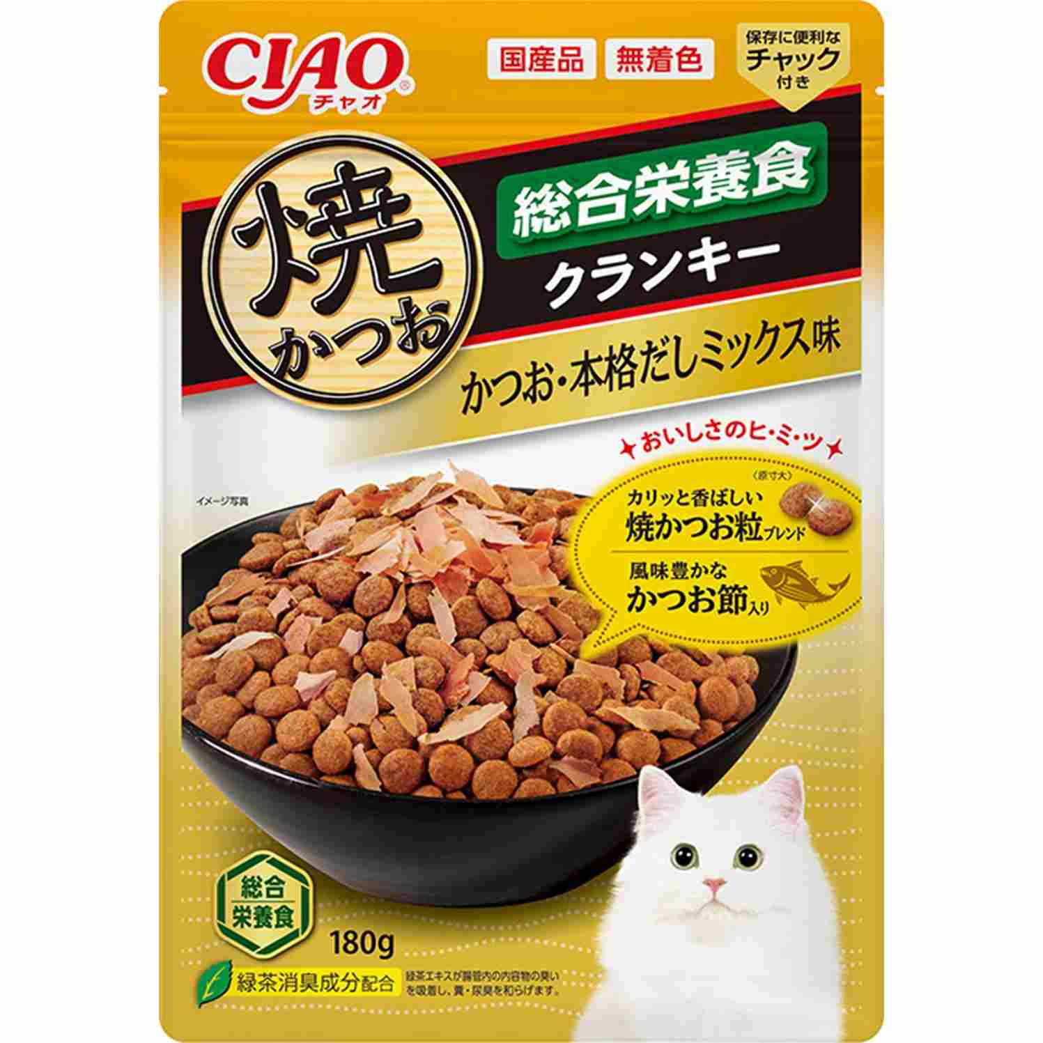 【9月1日終売予定】CIAO　焼かつおクランキー CIAO　焼かつおクランキー　総合栄養食　かつお節入り　かつお・本格だしミックス味 180g