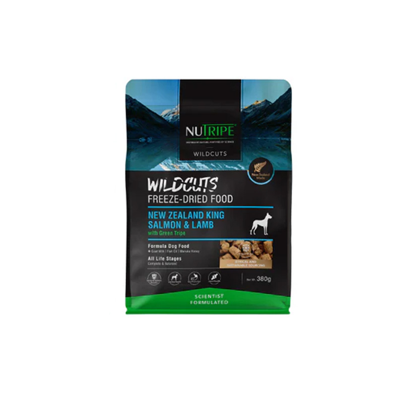 ニュートライプ ワイルドカット フリーズドライ キングサーモン＆ラムwithグリーントライプ380g